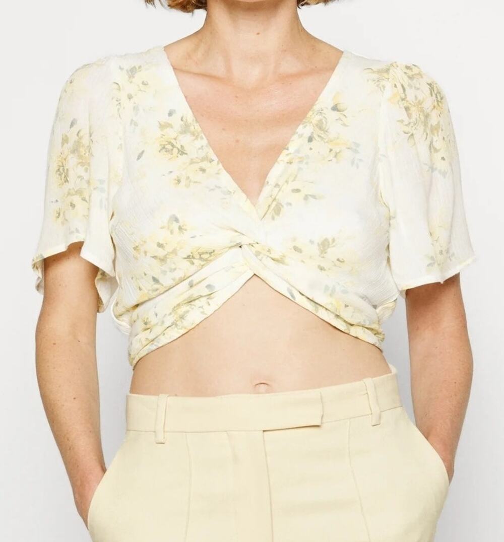 Abercrombie & Fitch Floral Twist Front Crop Top Size XS Yellow Preppy Coquette